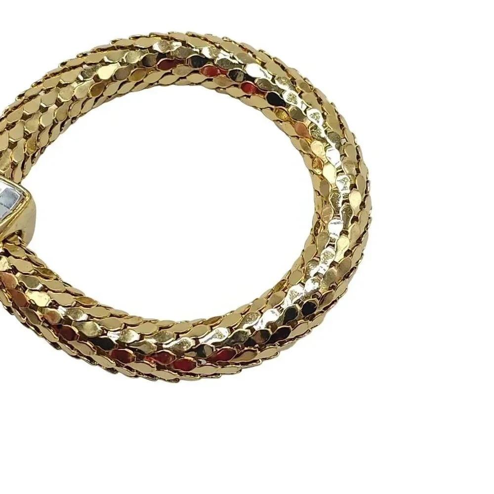 Clear Rhinestone Heart Metal Mesh Round Keychain Gold Tone Vintage